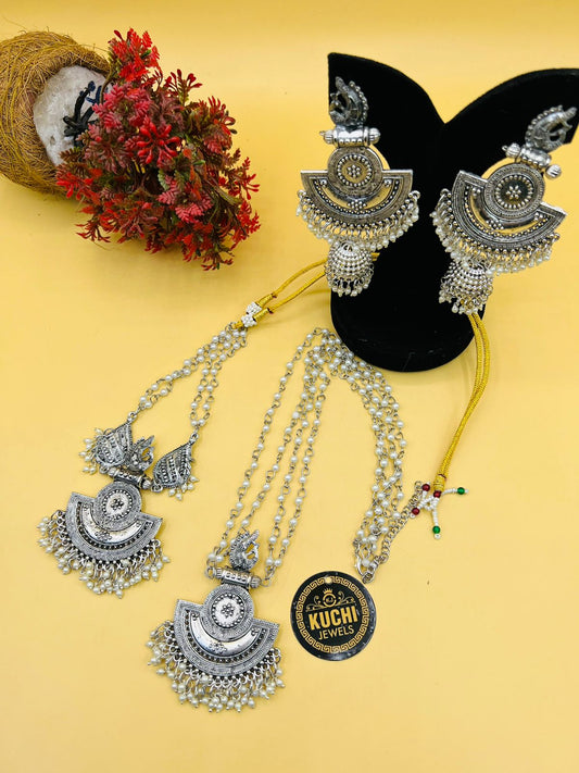 Multi Pearl Silver Metal Double Mala And Earrings Set