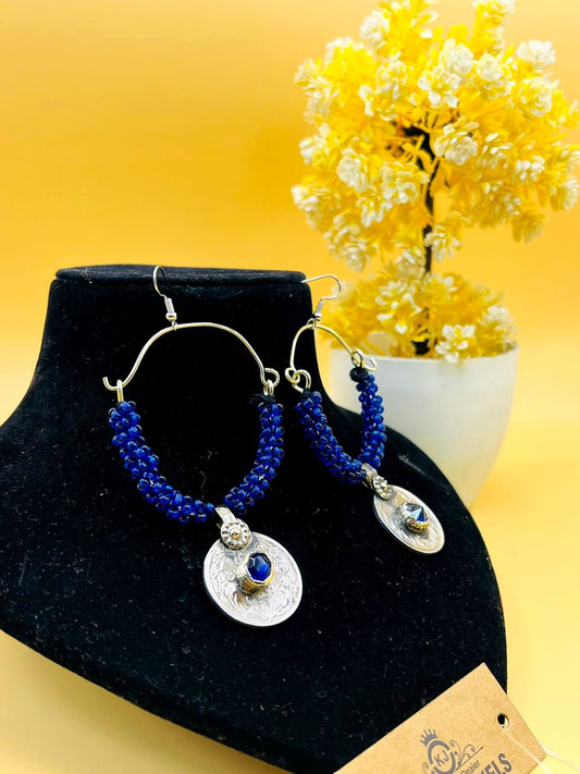 Navy Blue Beads And Coin Earrings