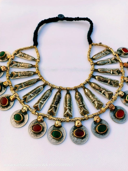 Old Crystal Coins And Metal Fish Choker