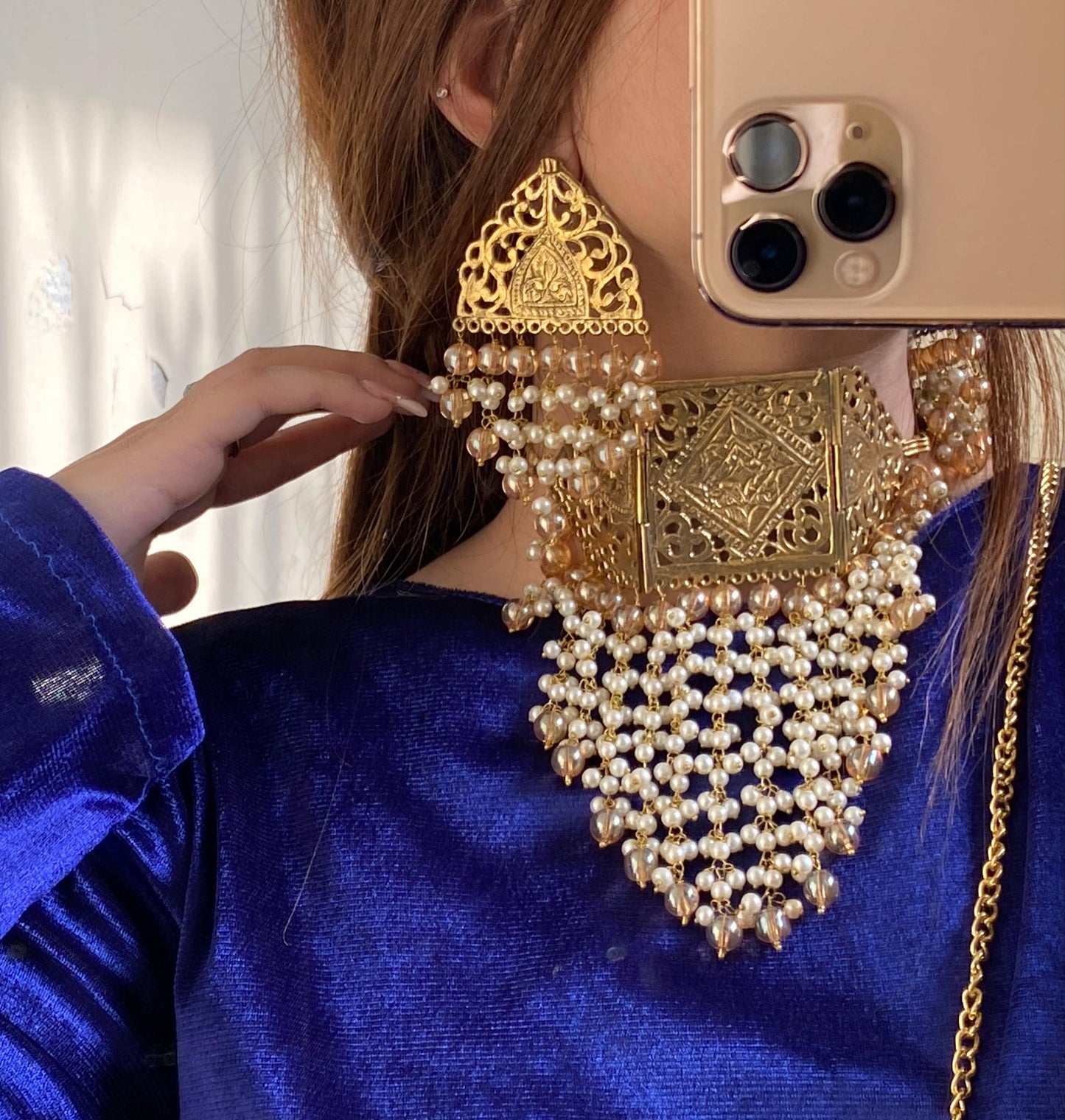 Yellow Pearl And Golden Beads Choker And Mala Set