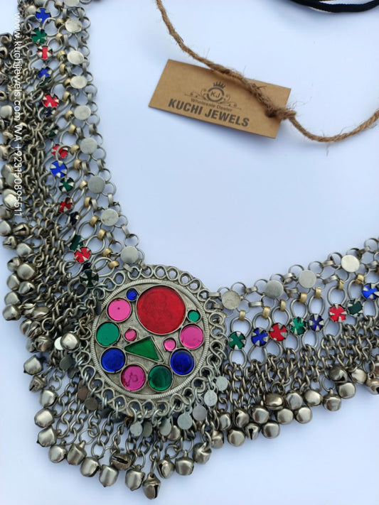 Round Pendant And Beaded Bells Choker