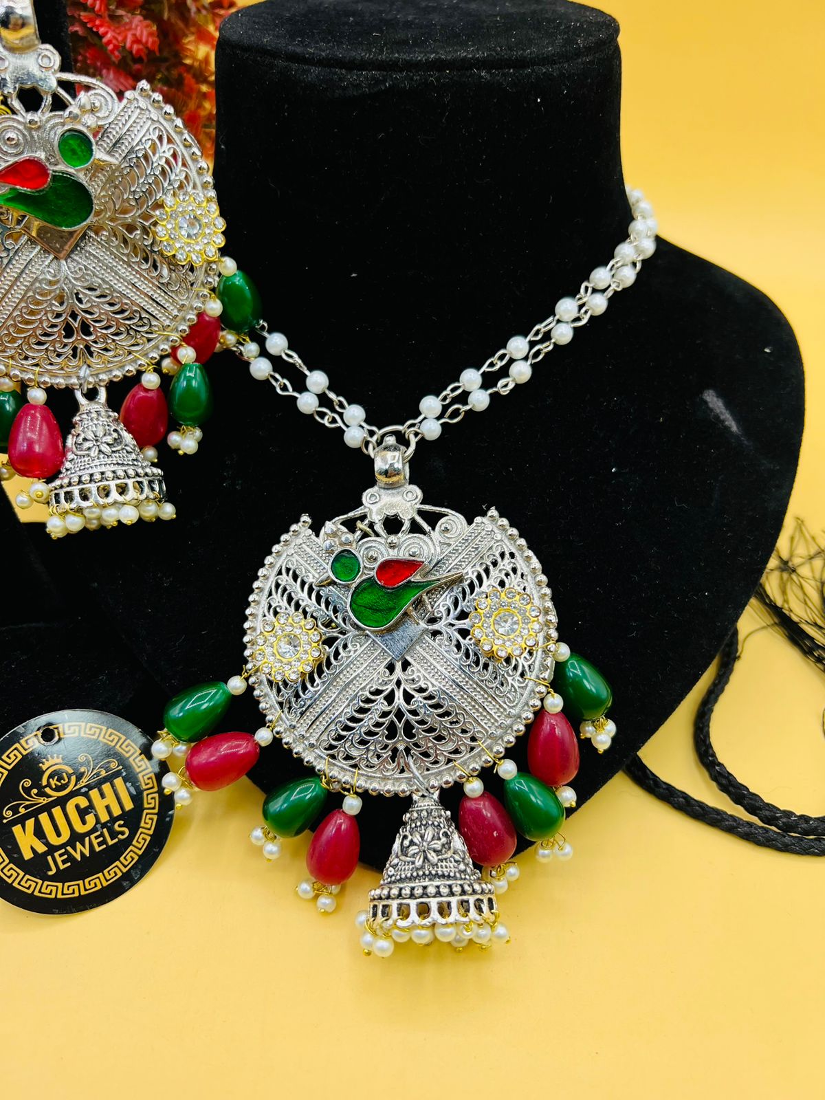 Round Jhumka Pendant With Peacock Necklace Set