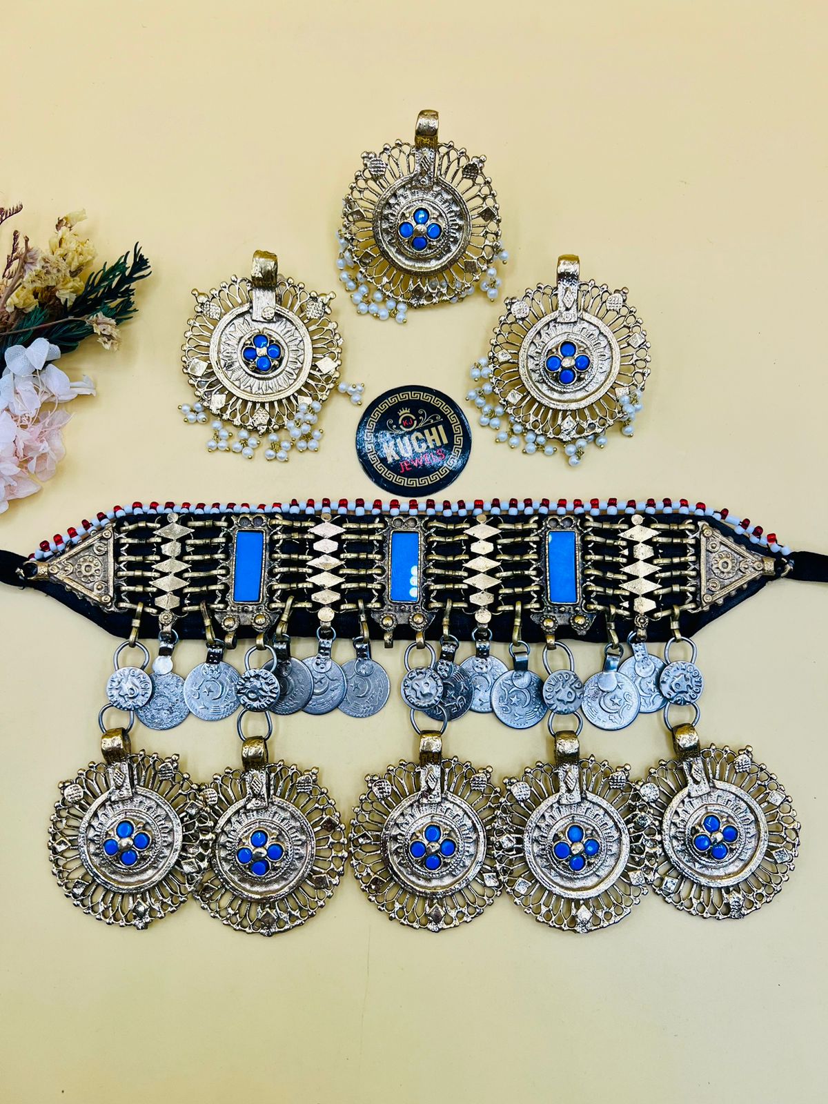 Round Pednat German Silver Afghani Necklace Set