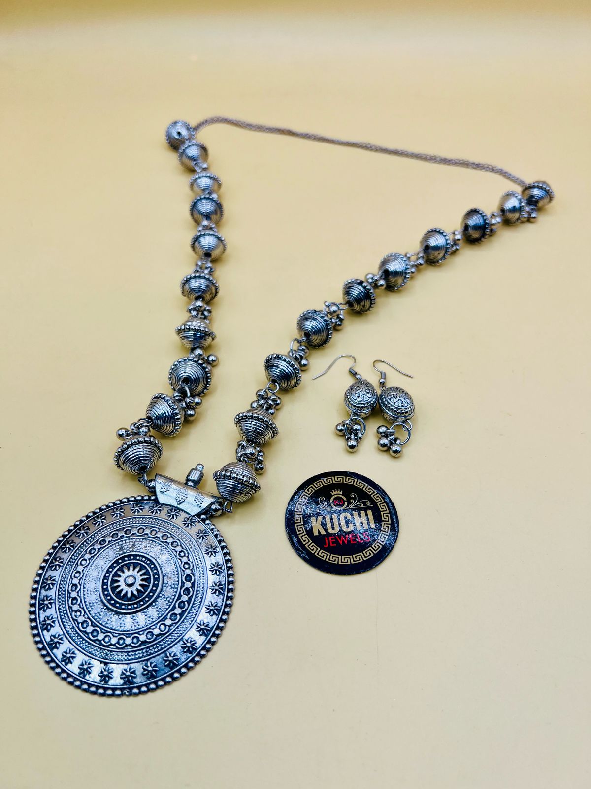 Round Pendant Silver Oxidized Necklace Set
