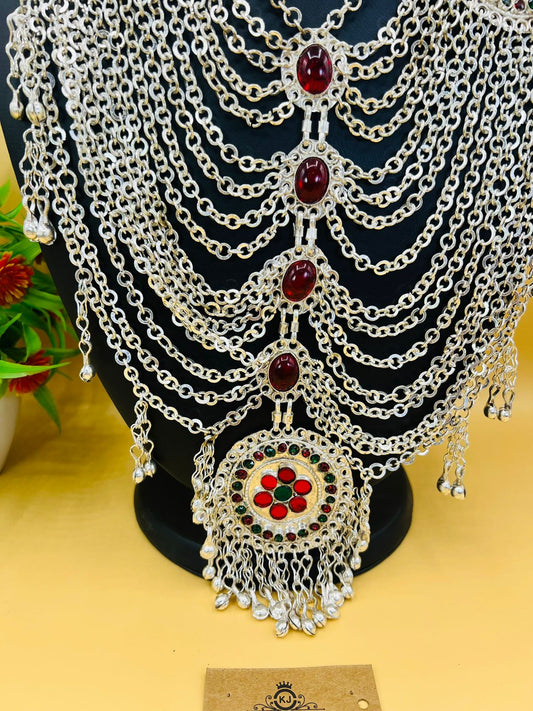 Silver Plated Long Chain Afghan Necklace With Stone