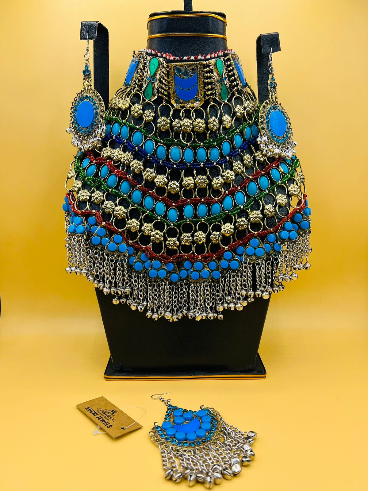 Synthetic Turquoise Stone Three Layer Long Necklace Set