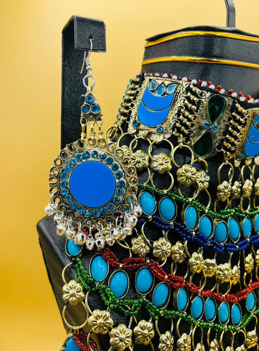 Synthetic Turquoise Stone Three Layer Long Necklace Set