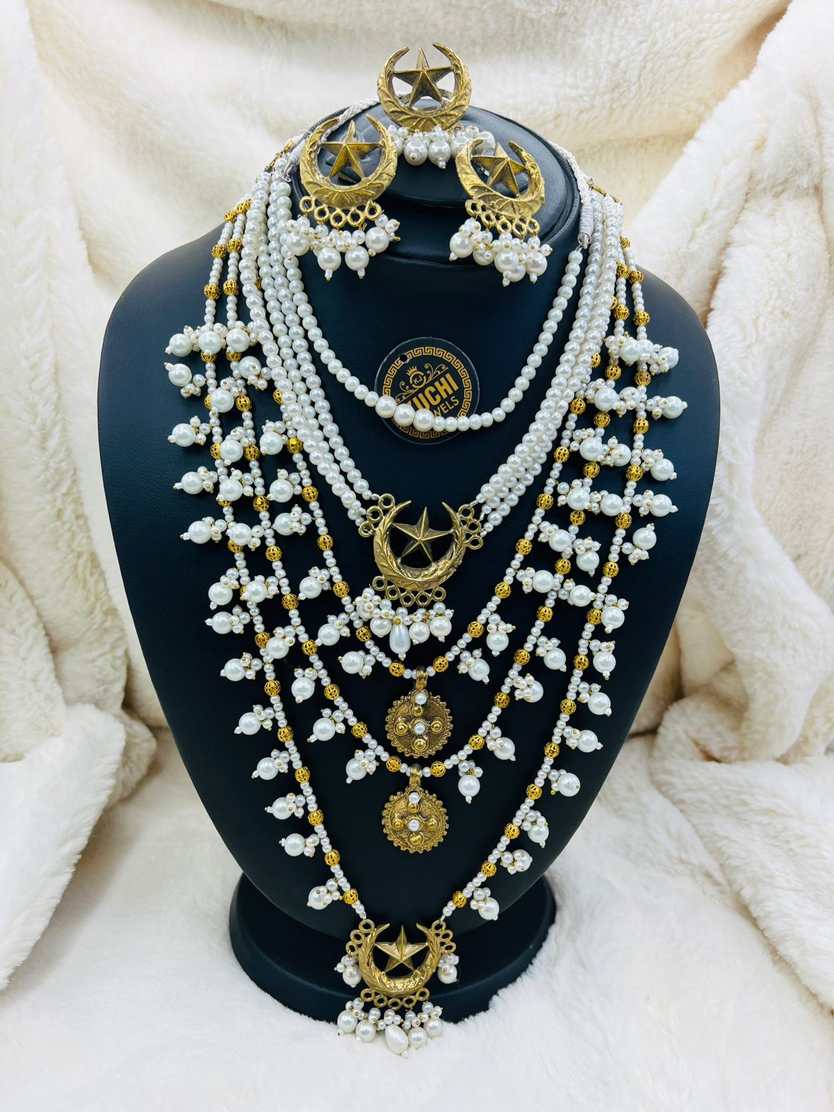 Three Pearl Mala Set With Gold Pearl Earring