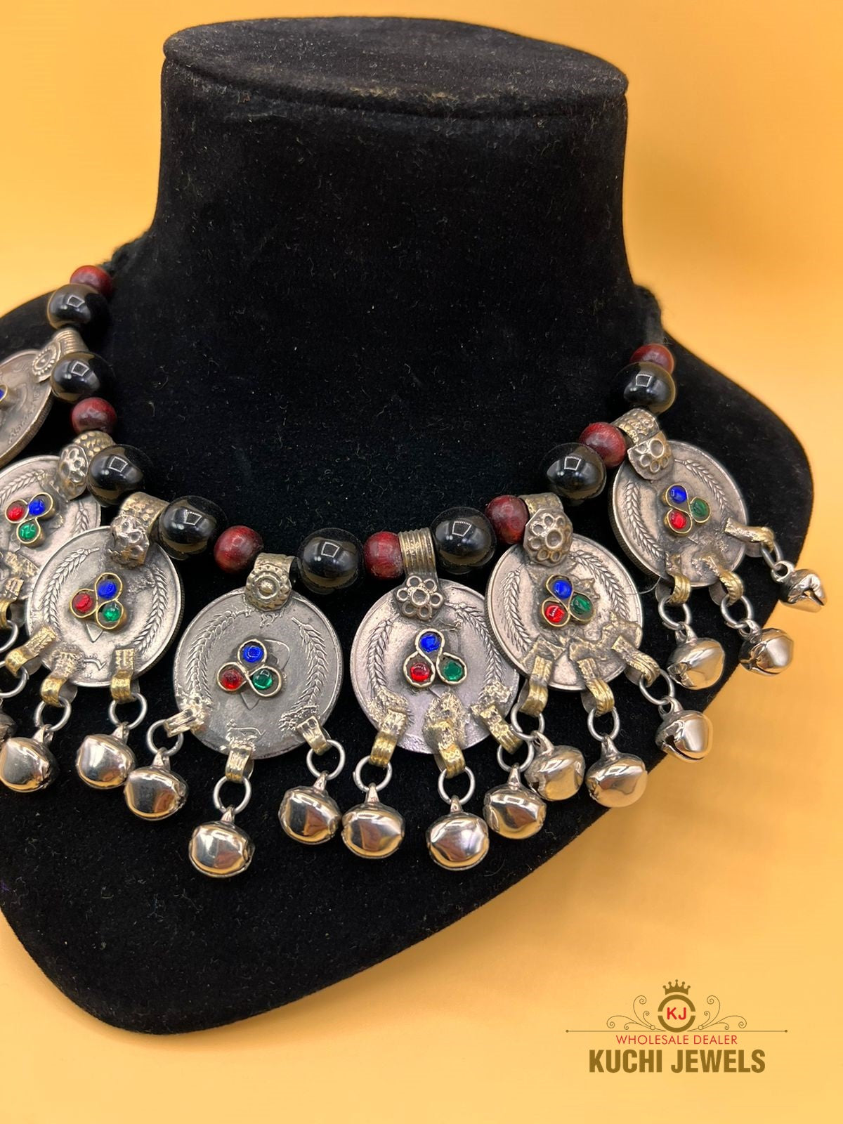 Vintage Coin And Bells Necklace With Wooden Black Beads