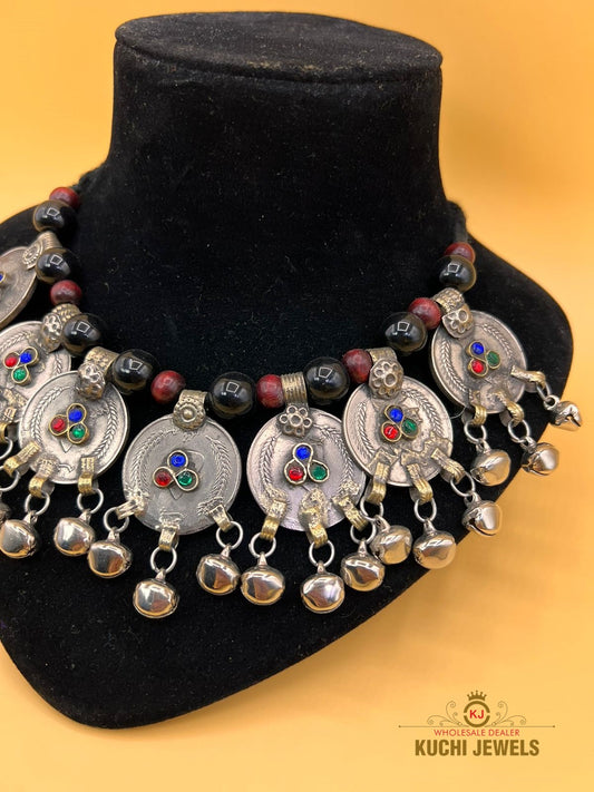 Vintage Coin And Bells Necklace With Wooden Black Beads