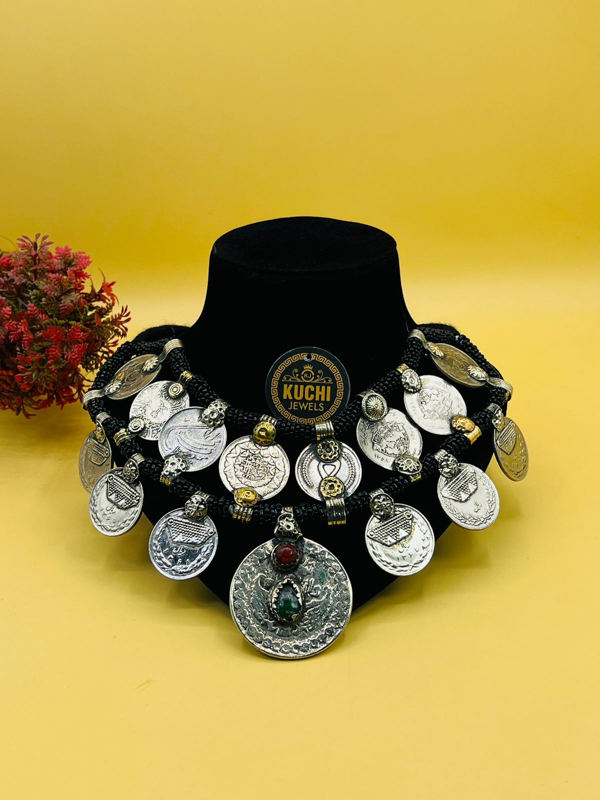 Vintage Coins Multi Stone Ethnic Necklace