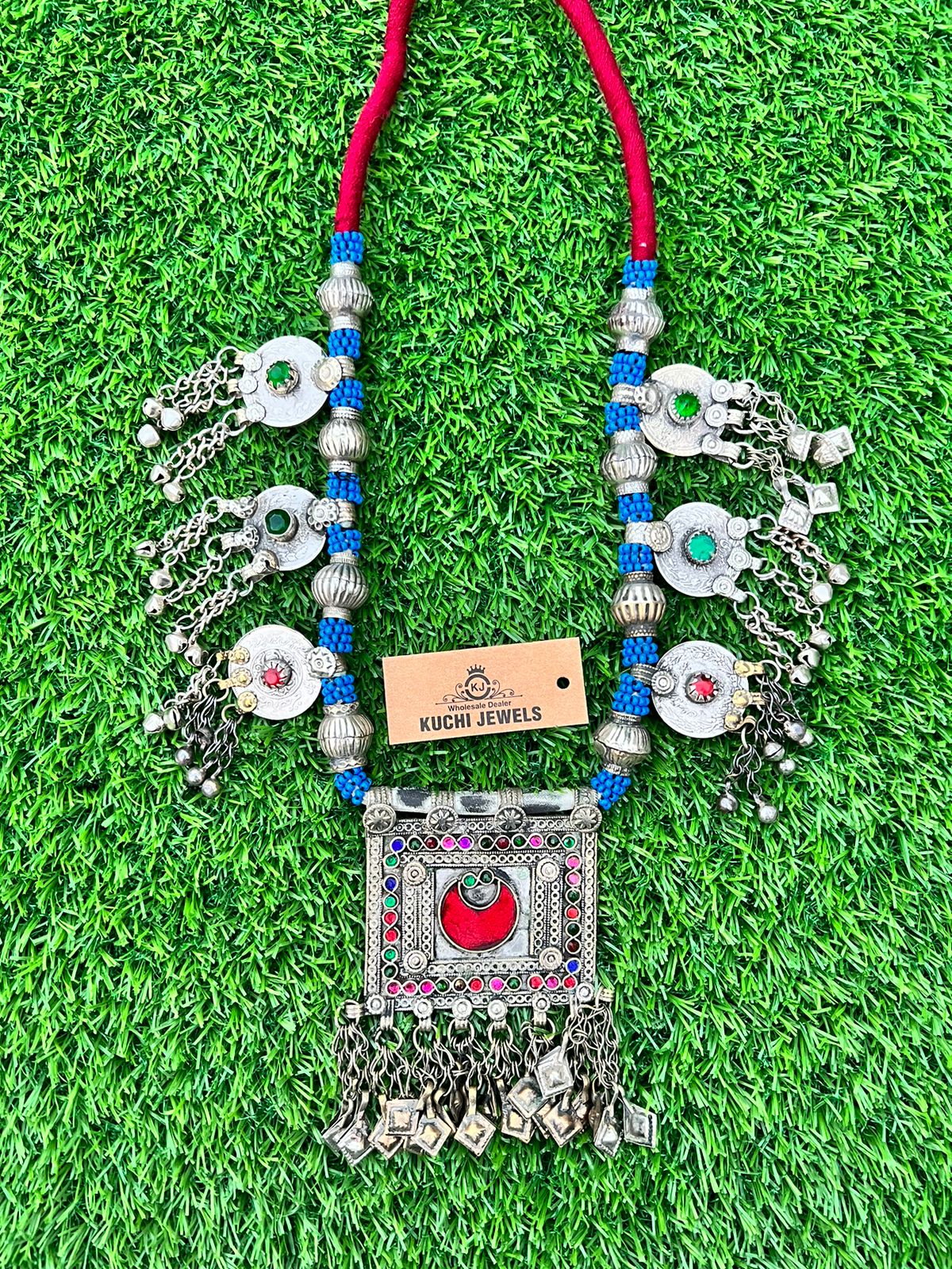 Vintage Square Pendants Afghani Necklace With Bells