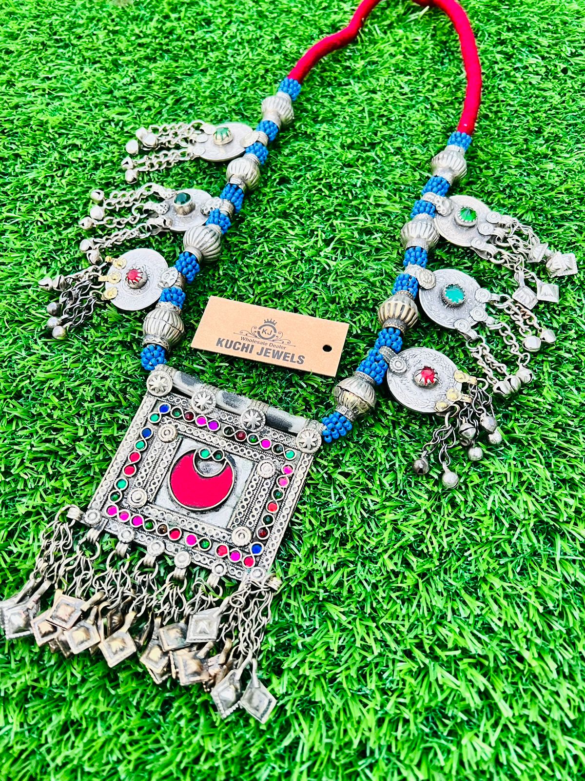 Vintage Square Pendants Afghani Necklace With Bells