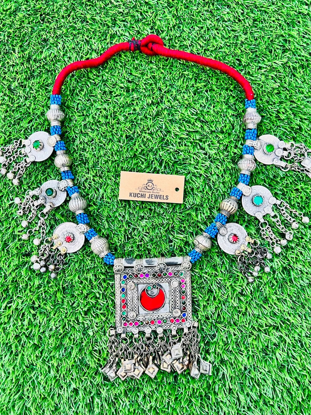 Vintage Square Pendants Afghani Necklace With Bells