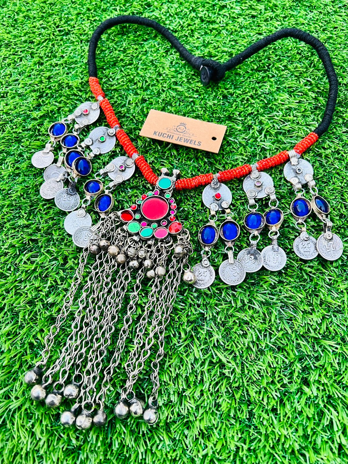 Antique Long Bells Pendant Necklace With Synthetic Stone Multi Pendants