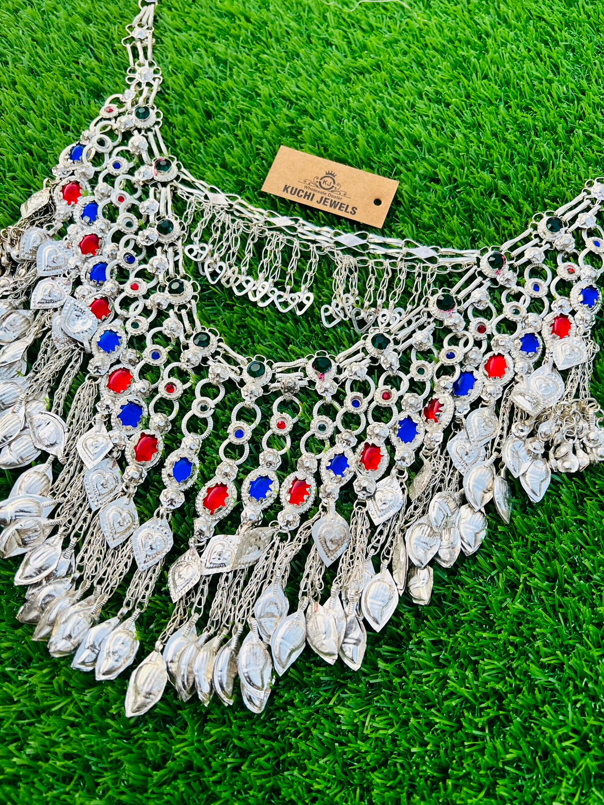 German Silver Heavy Boho Necklace With Multi Stone