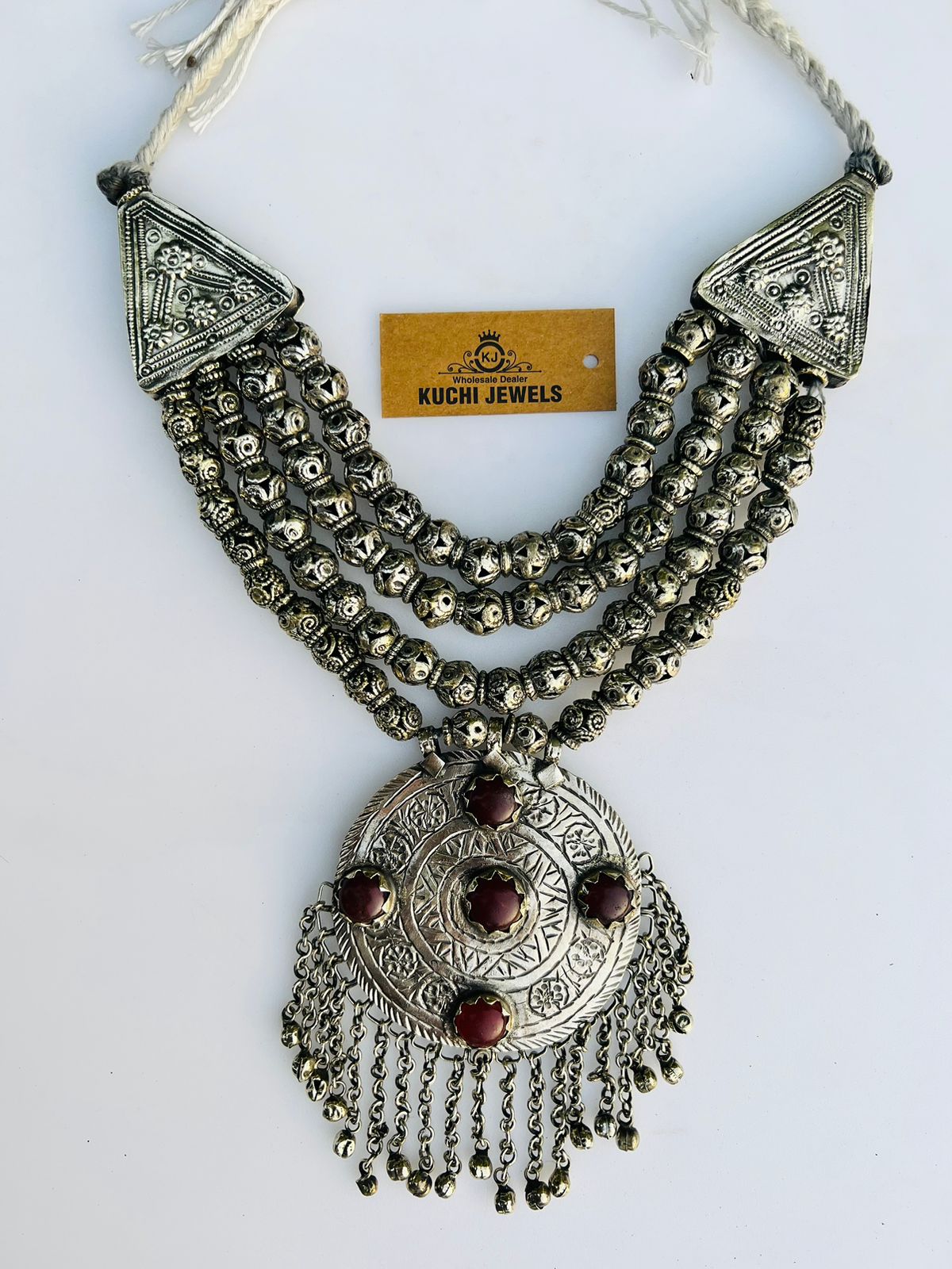 Hand Carving Turkman German Silver Round Pendant Necklace