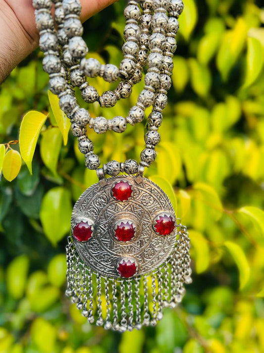 Hand Carving Turkman German Silver Round Pendant Necklace