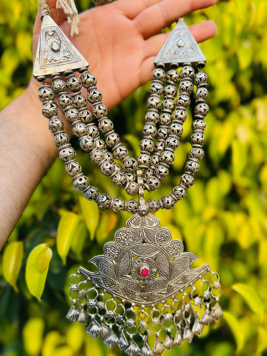 Hand Carving Turkman German Silver Single Pendant Necklace