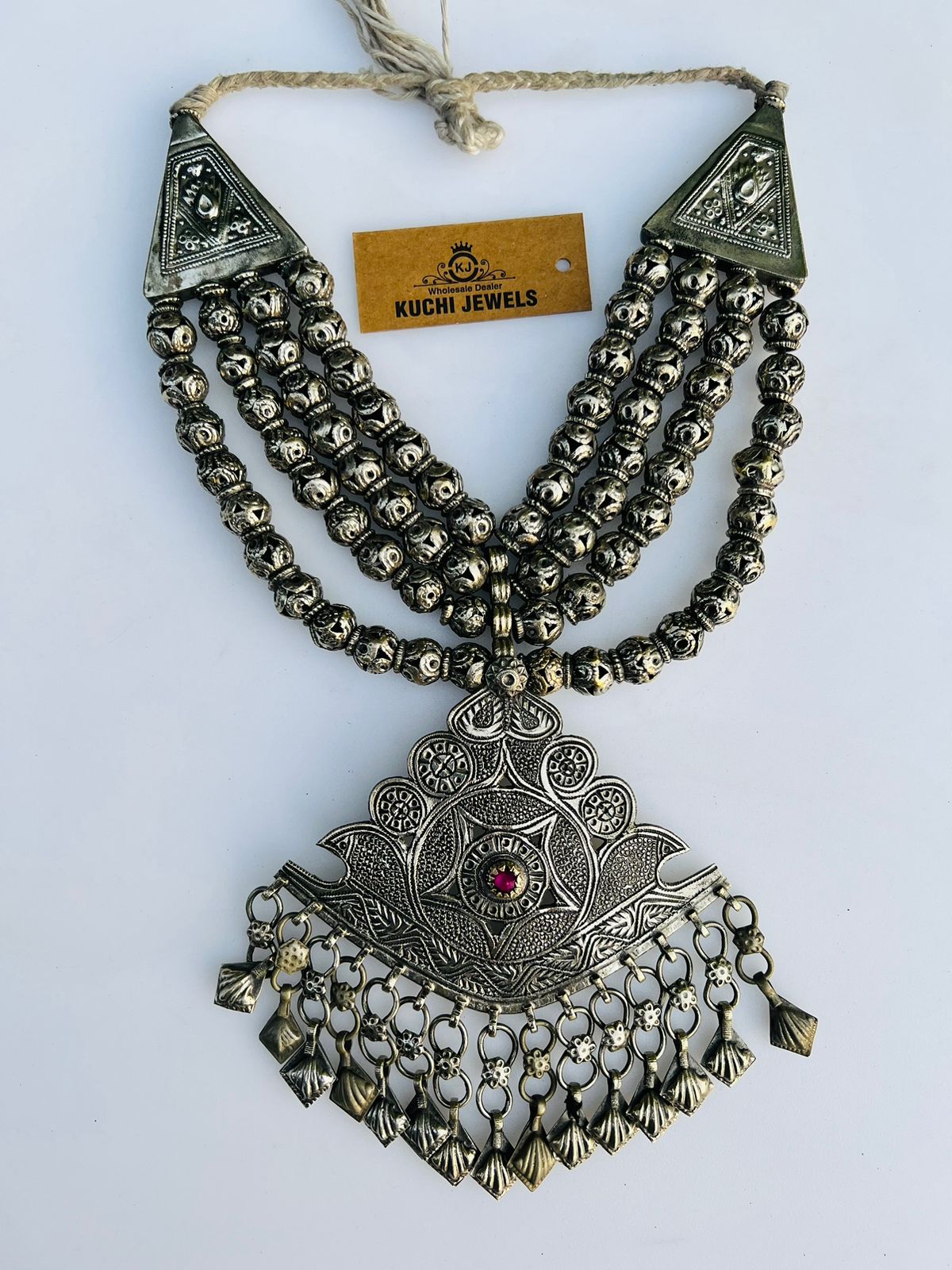 Hand Carving Turkman German Silver Single Pendant Necklace