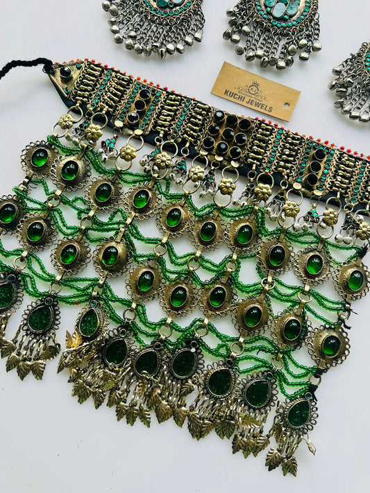 Three Stone Layer Long Necklace With Ear Rings And Tikka