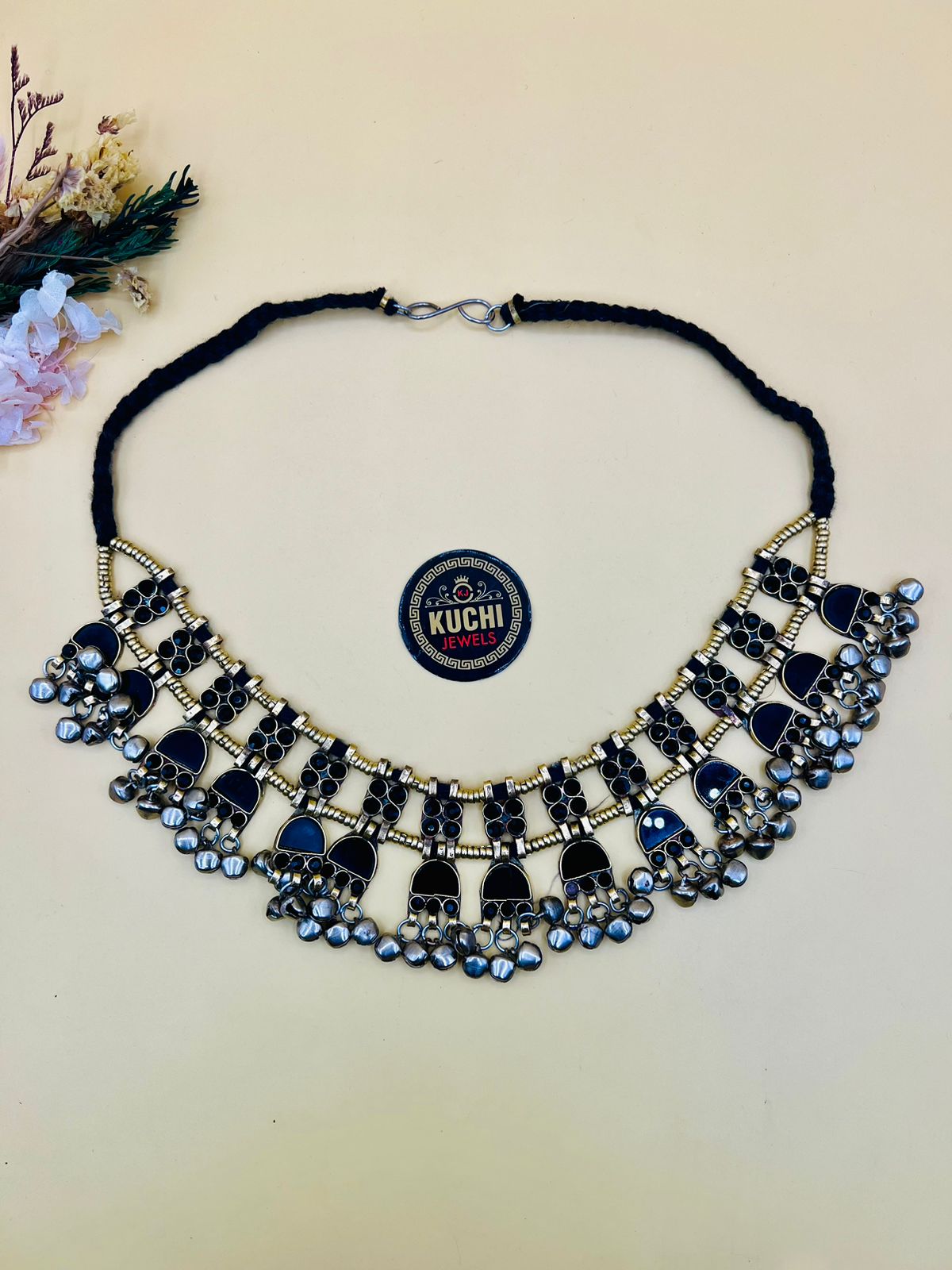 Black Stone And Bells Choker