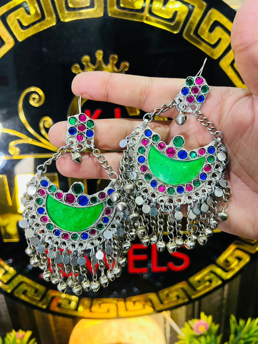 Cultural Ear Rings With Crystal Half Moon And Long Bells