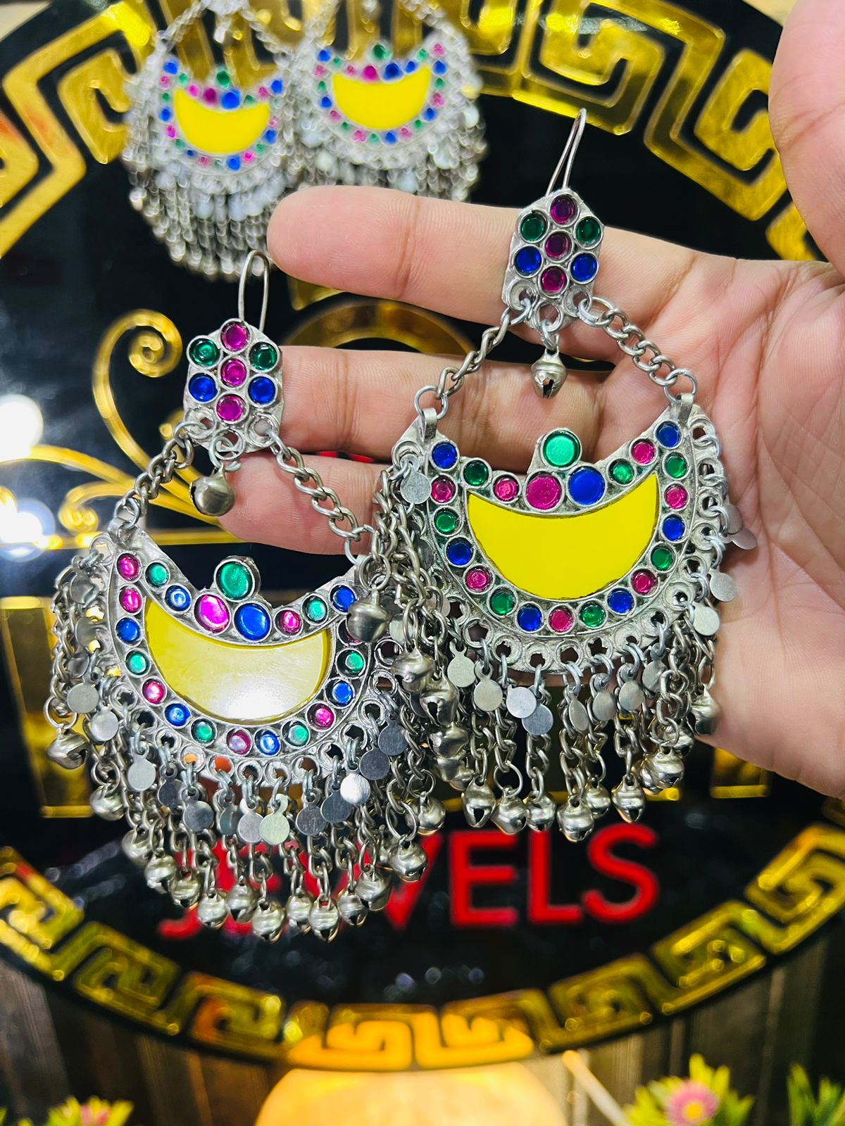 Cultural Ear Rings With Crystal Half Moon And Long Bells