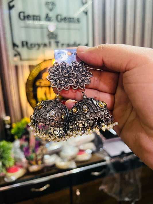 Smoky Oxidized Jhumka Earrings
