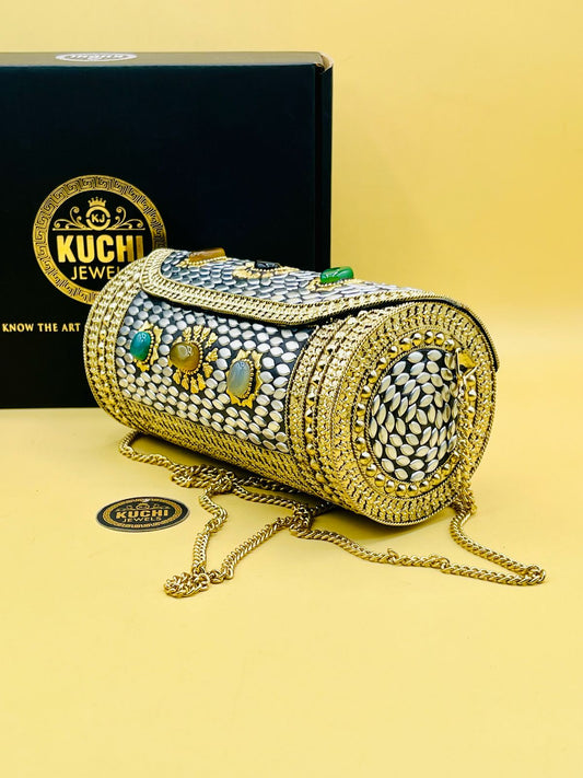 Capsule Shape Stone Metal Golden Bag
