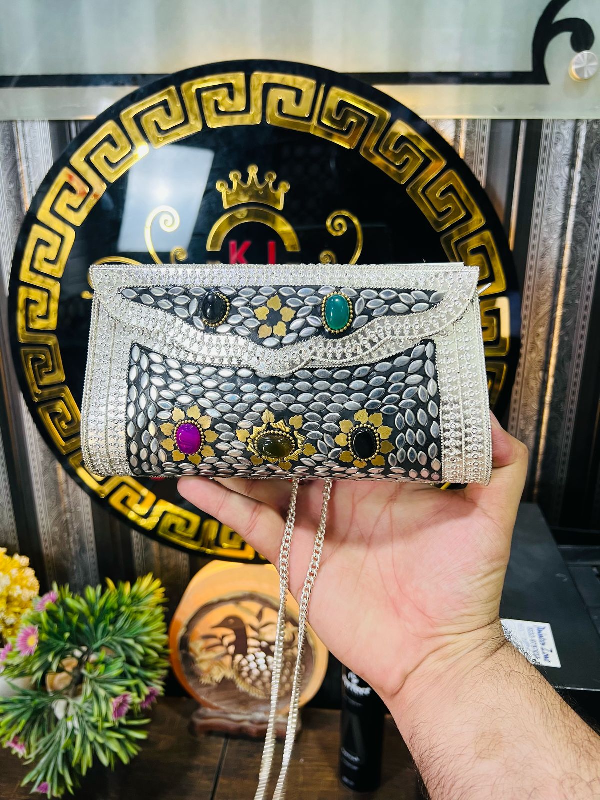 Indian Metal And Stone Silver Clutch