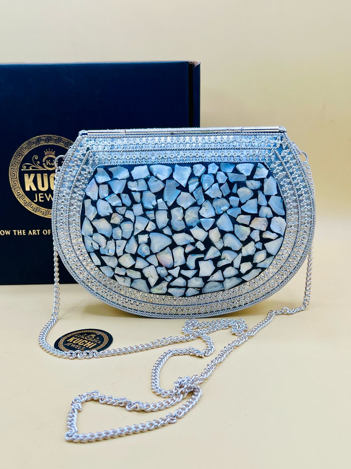 Silver Mosaic Stone D shape Bag