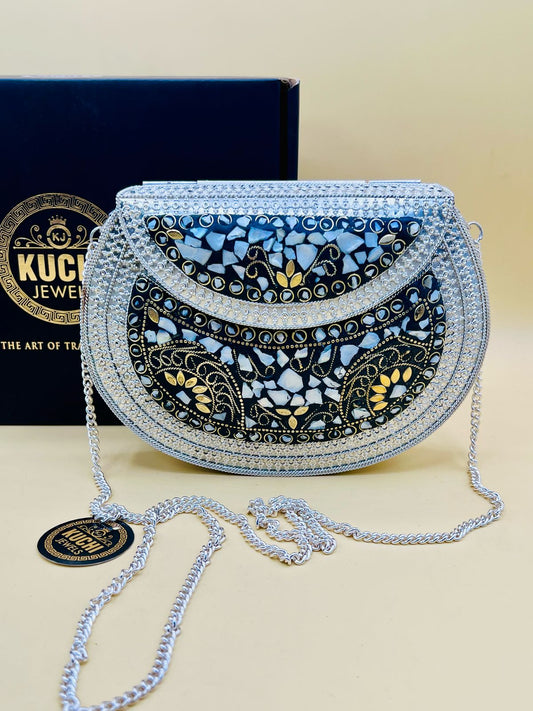 Silver Mosaic Stone D shape Bag