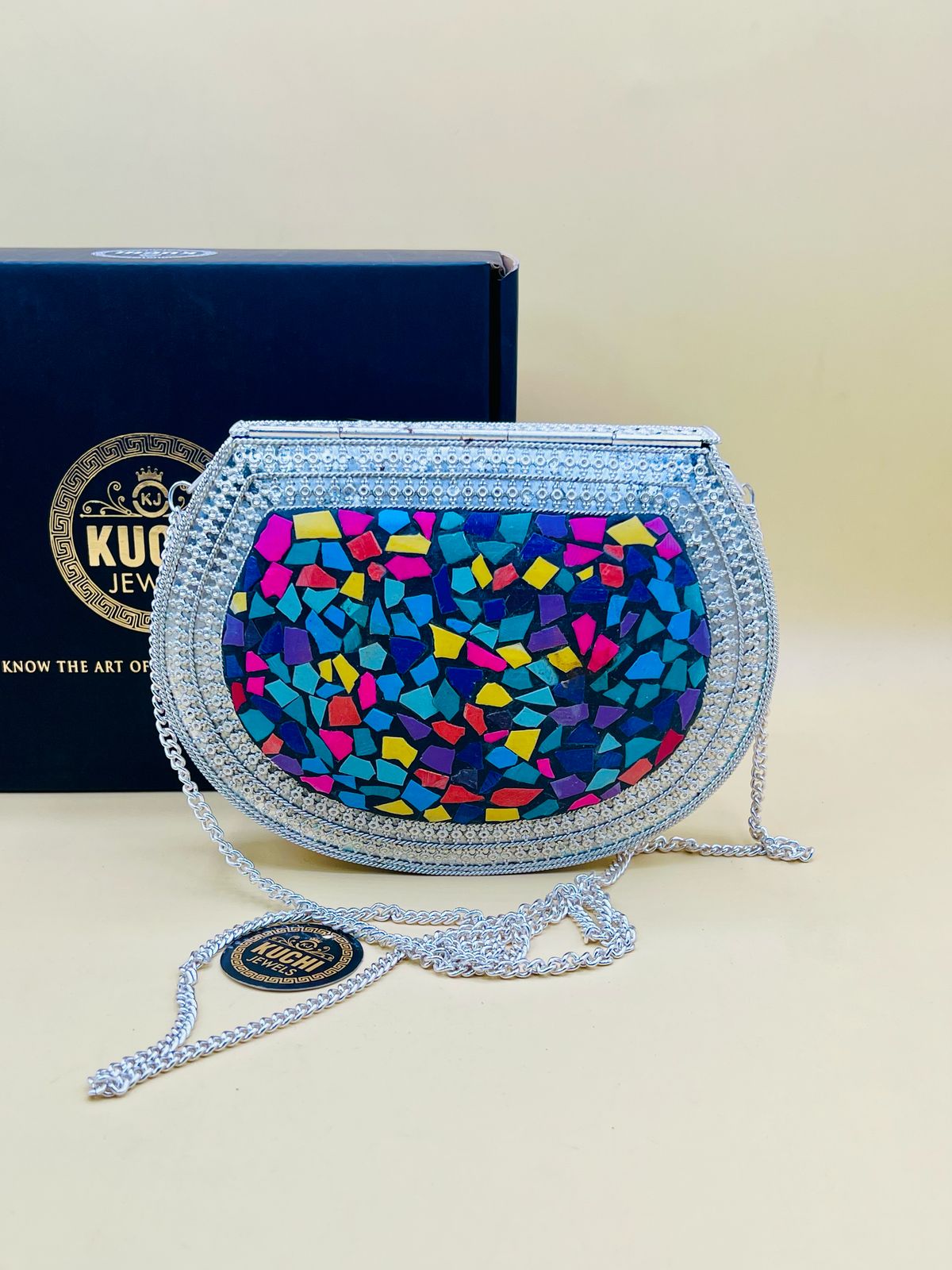 Silver Mosaic Multi Stone D shape Bag