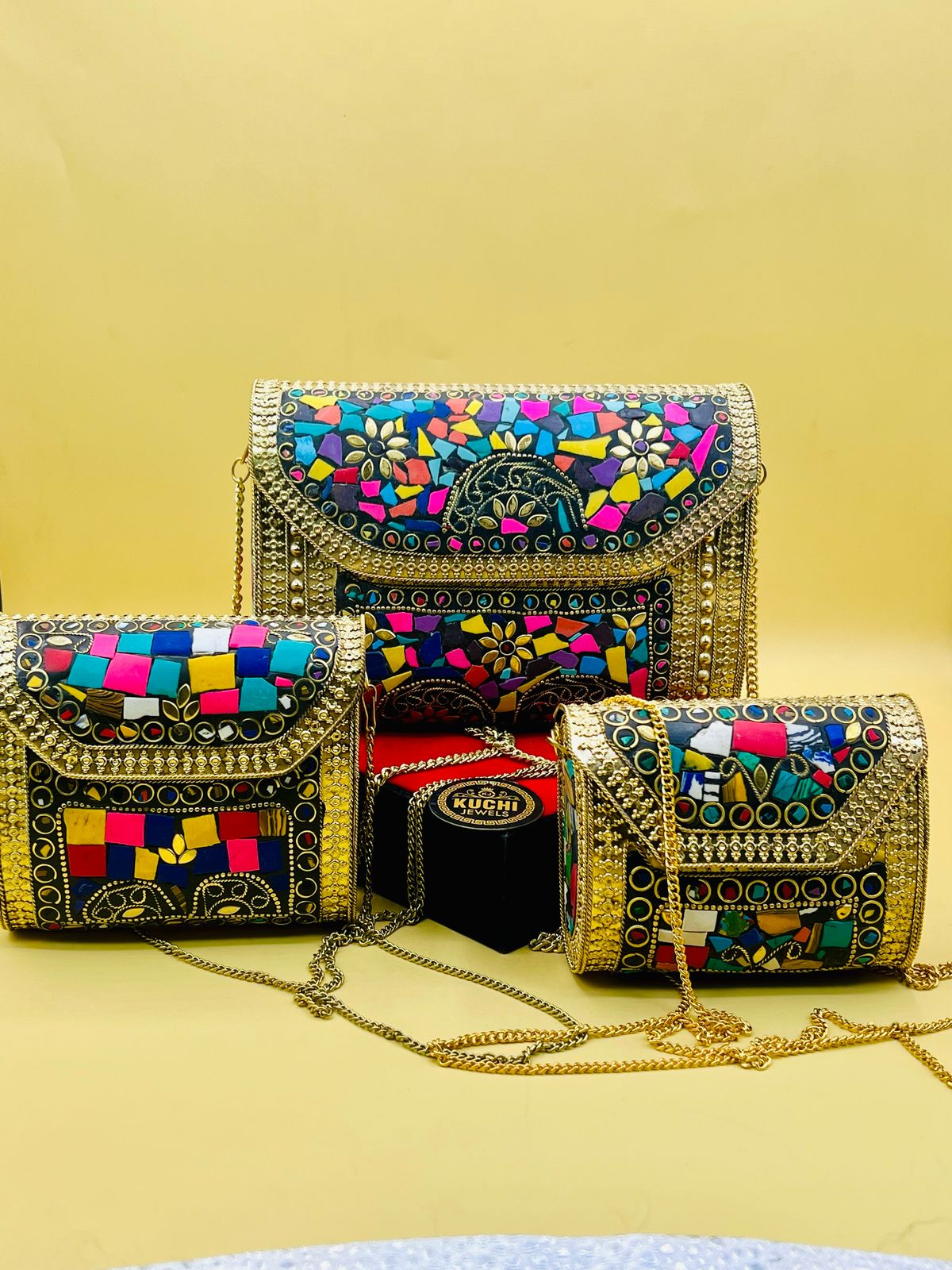 3 Metal Bags Deal- Mother With Two Kids Golden Multi