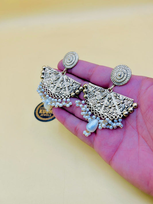 Golden Umbrella White Pearl Earrings