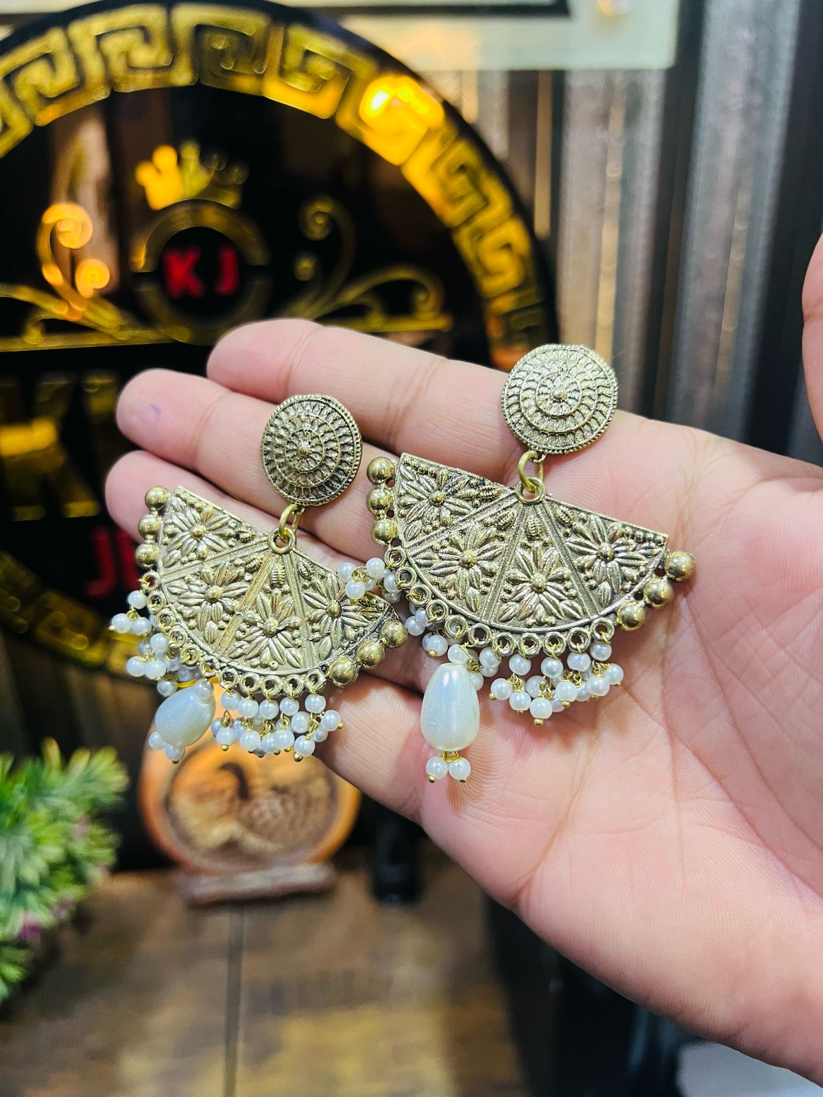 Golden Umbrella White Pearl Earrings