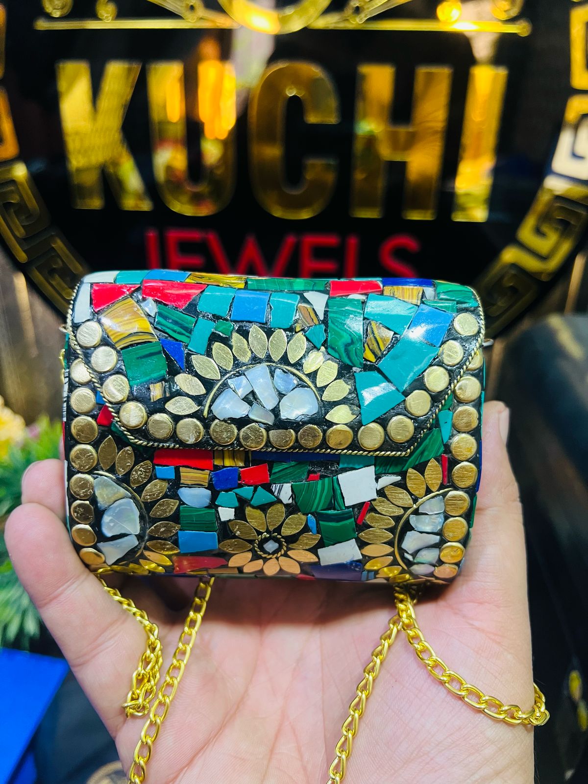 Medium Box Shape Metal Bag Green Multi