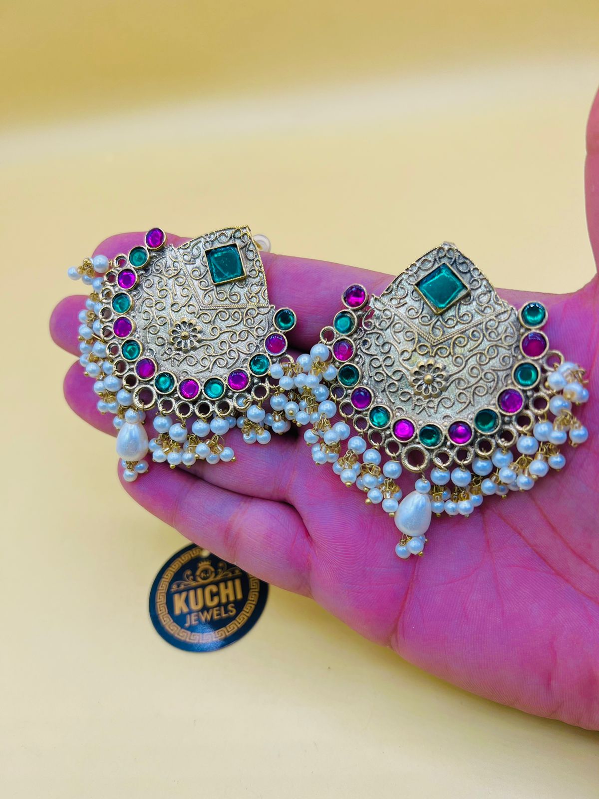 Golden Multi Stone Kalmkar Earrings
