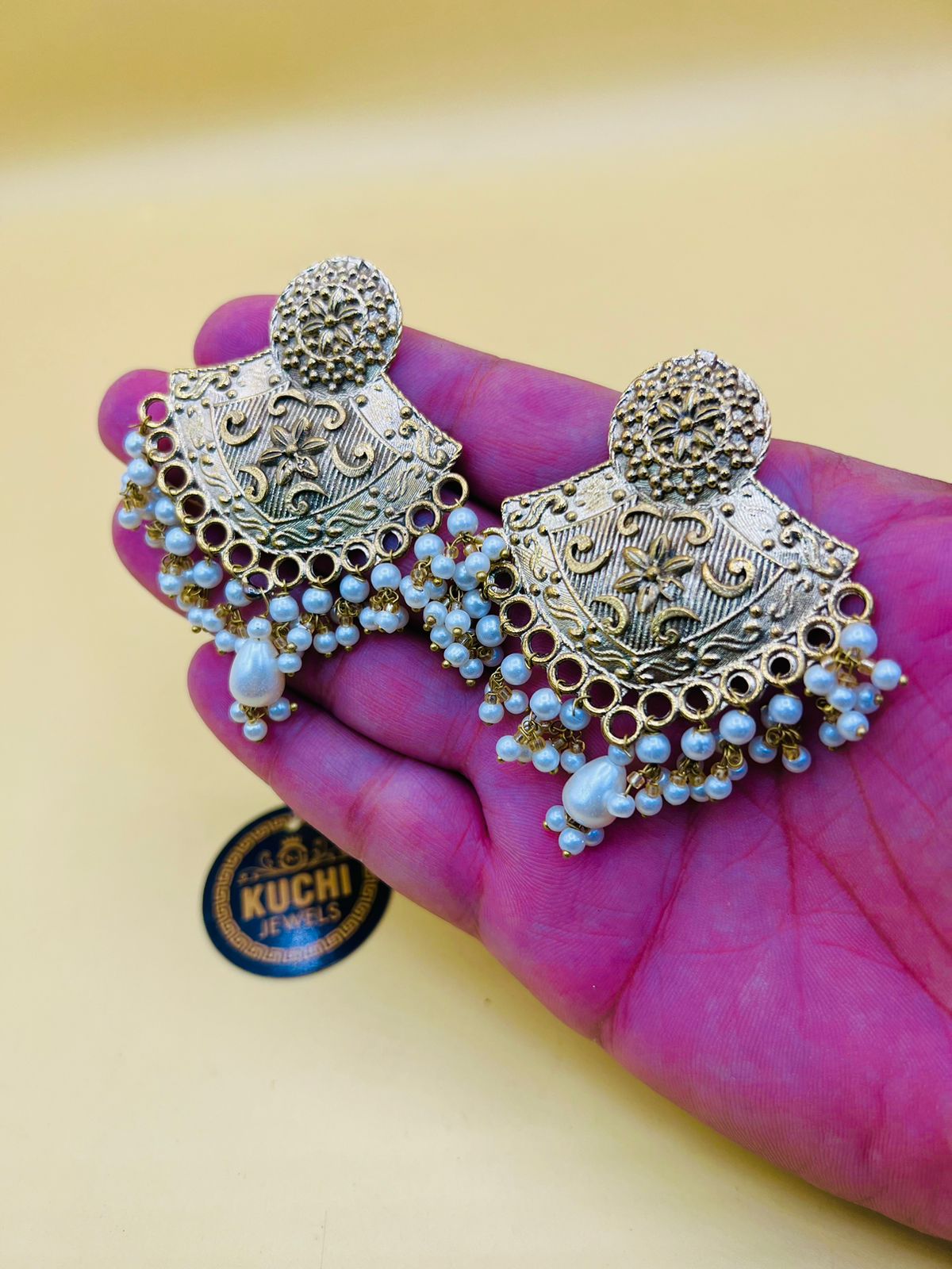 Shahi Golden White Pearl Earrings