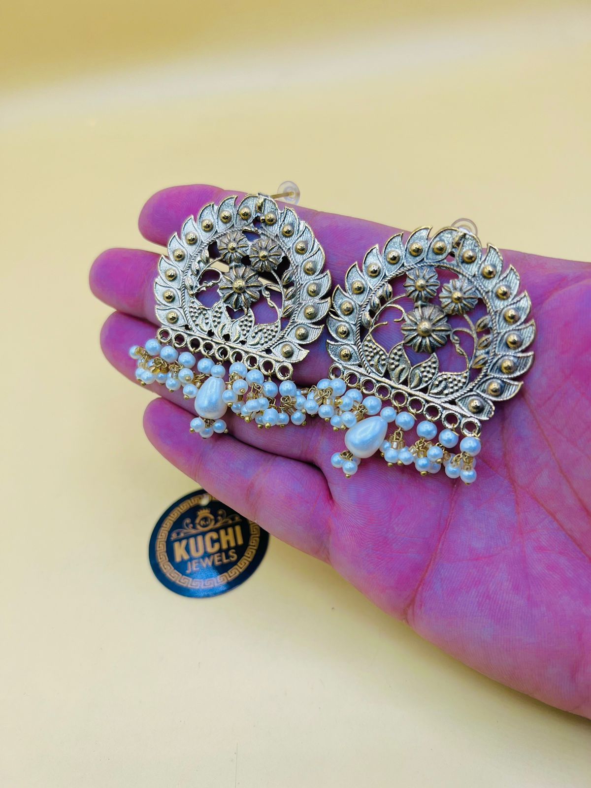 Shahi Tomb Golden White Pearl Earrings