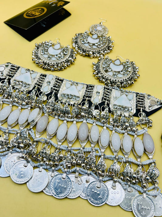 White Stone Afghan Bridal Necklace Set