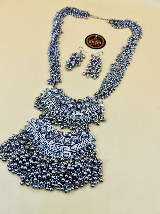 Oxidized Bells Double Pendant Necklace Set