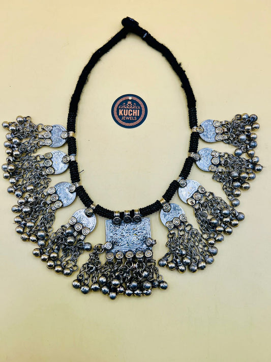 Multi Vintage Pendants Black Beads Kuchi Necklace