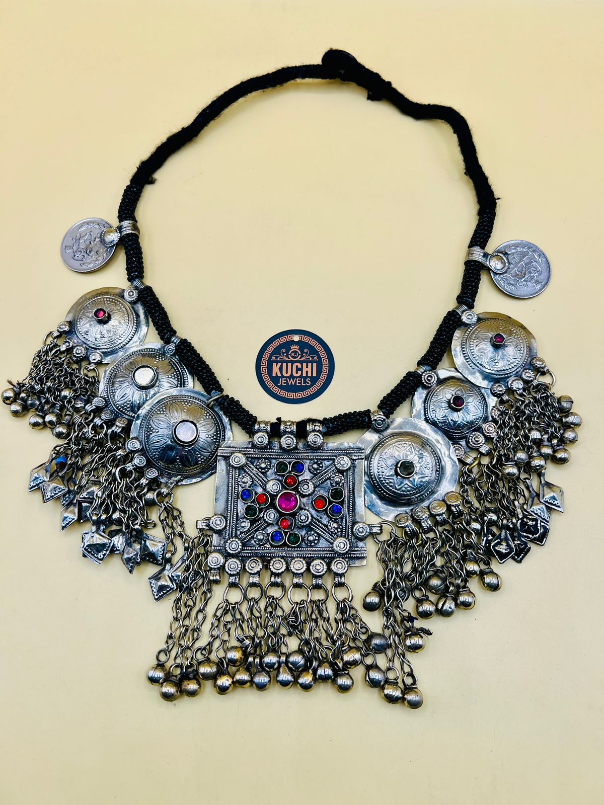 Afghani Square Pendant Black Beads Necklace