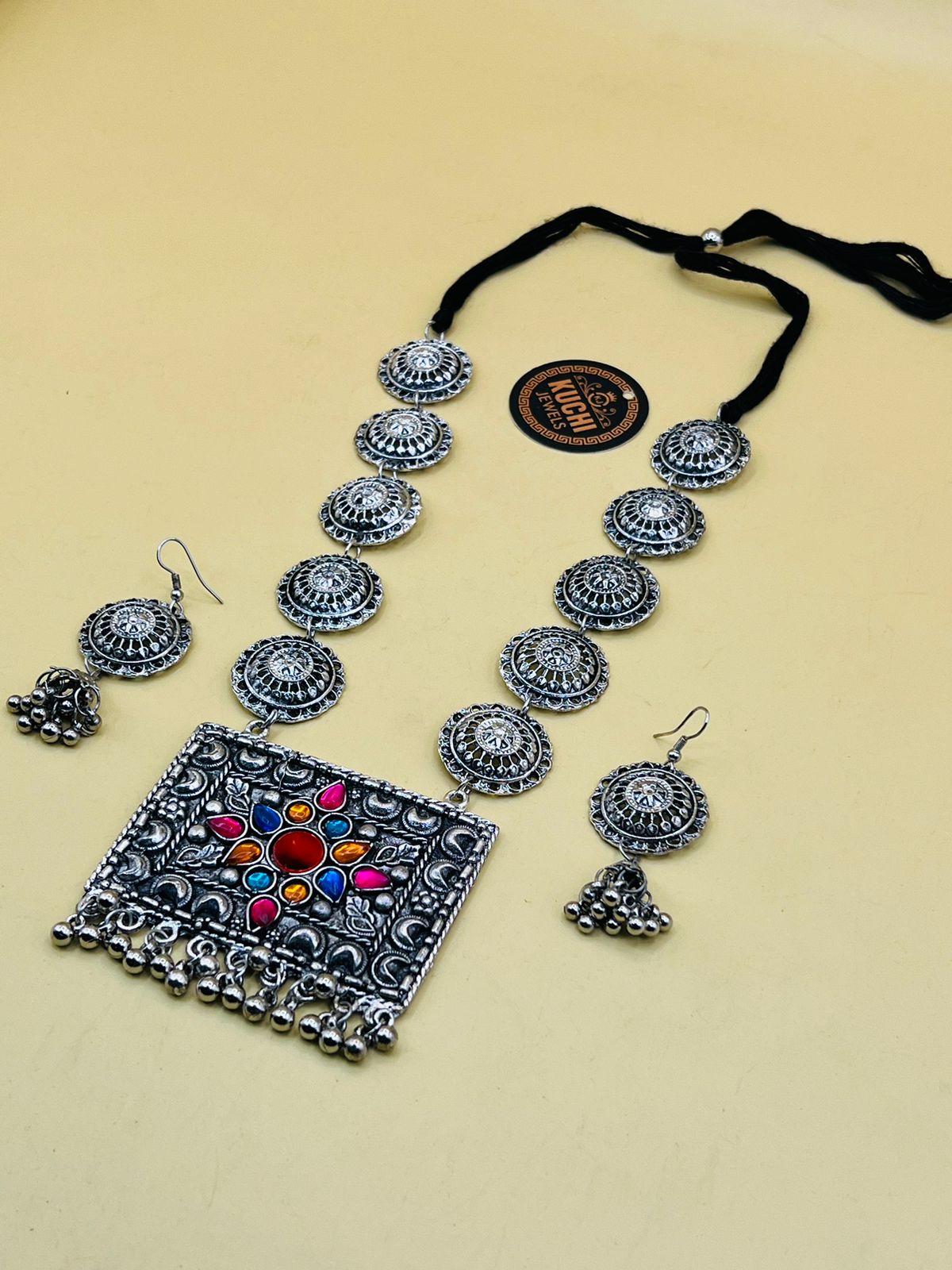 Indian Oxidized Round Button Necklace Set