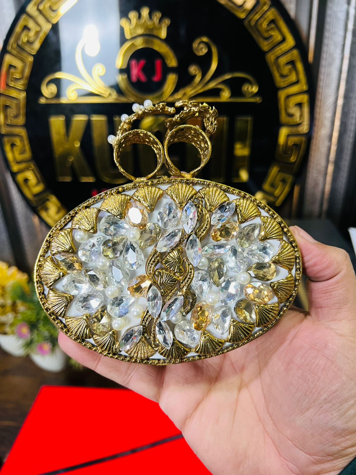 Turkish Designer Bag Both Side Work- 5 White Stone Oval Shape