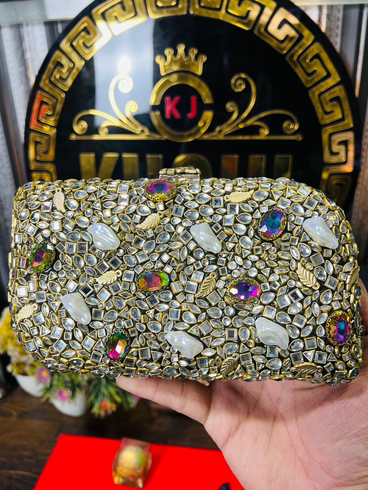 Turkish Design Large Size Double Side Mirror Kundan Work Clutch-GREEN/WHITE