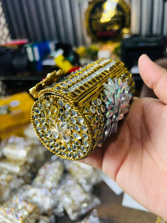 Medium Cylinder Shape Metal Kundan Bag-7