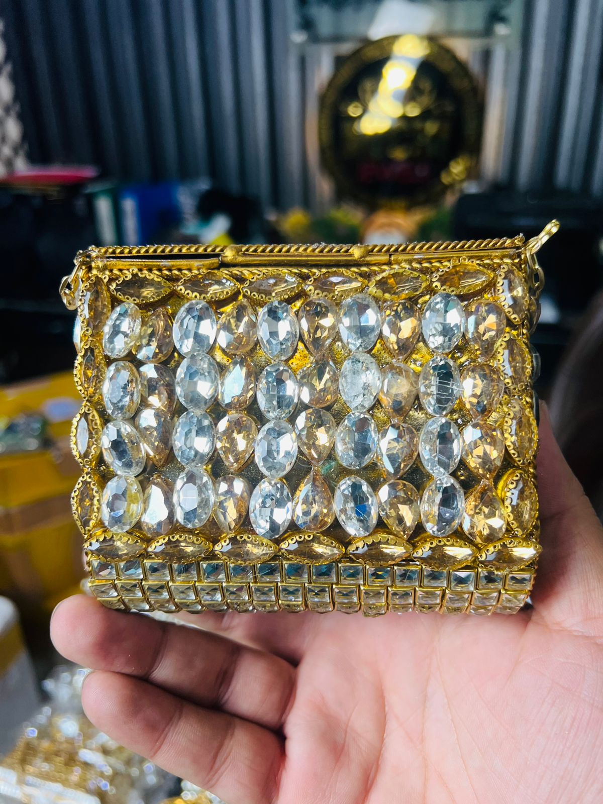 Square Medium Kundan Work Metal Bag-3